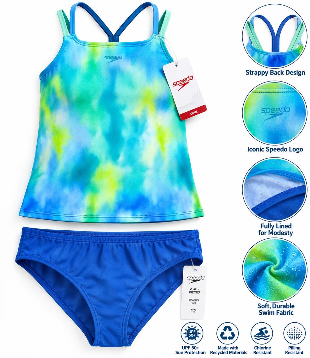 Speedo Girls Size 12 2 Piece Tankini Swimsuit Blue Green Strappy NWT UPF 50+